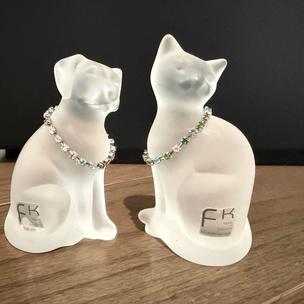 FK Frosted Lead Crystal Cat Dog Figurines Lillian Vernon Germany Set of 2